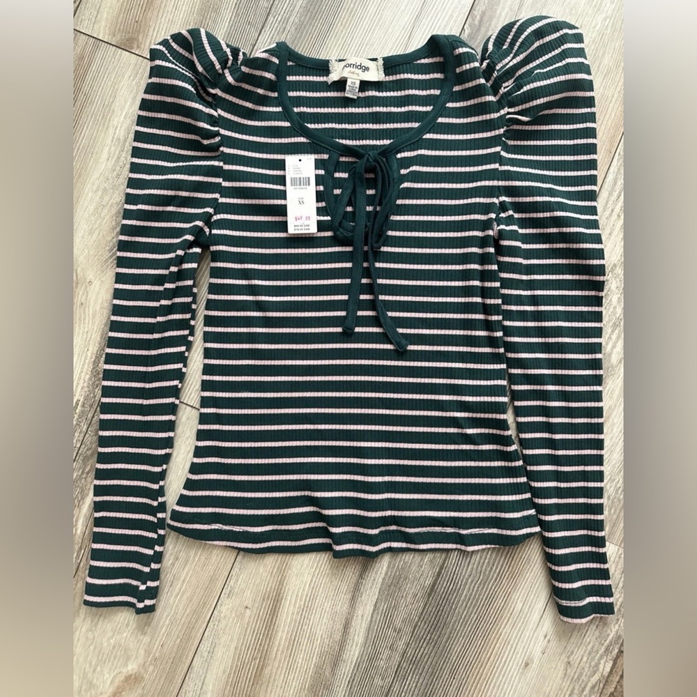 Anthropologie Porridge Green Striped Long Puff Sleeve Tie Front Top Size XS